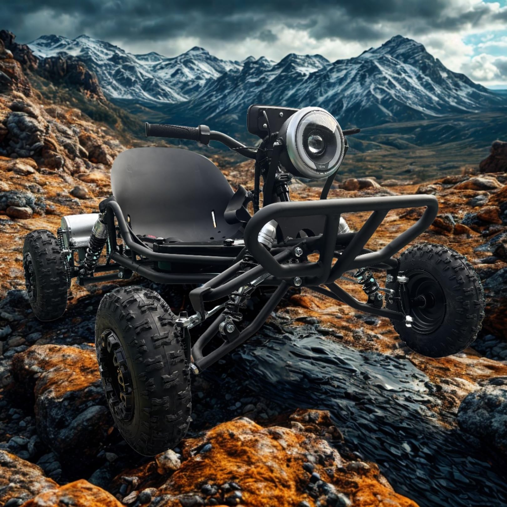 Zyliathor Electric Go Kart, 48V 2000W Brushless, 3-Speed+Reverse, Chain Drive, Hydraulic Rear Disc Brake, LED Headlight, 6" All-Terrain Tires — Off-Road/Private Property—Black