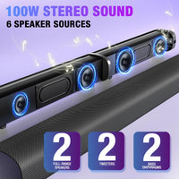 Yenjuty Sound Bar, 100W Sound Bar for Smart TV, Bluetooth 5.3 Soundbar, 2 in 1 Detachable Home Speaker Bass Effect, Home Theater Surround Sound, ARC/Optical/AUX/USB Connections, for TV/PC/Projectors - Volt-Edge Technologies®
