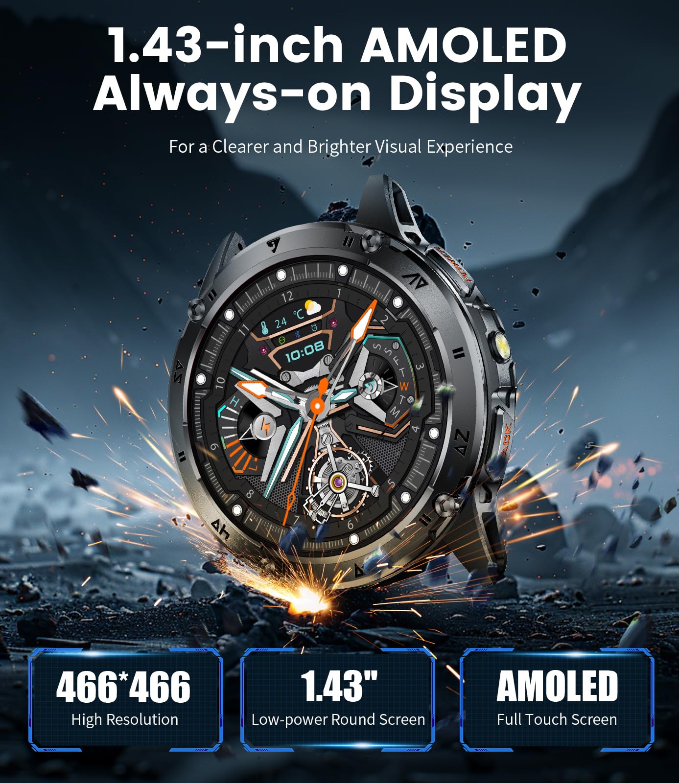 SUNKTA Military Smart Watches for Men,530mAh Large Battery,1.43" AMOLED Heart Rate/Sleep Monitor 5ATM Waterproof Smartwatch for Android iOS (Answer/Make Calls),Fitness Tracker with LED Flashlight