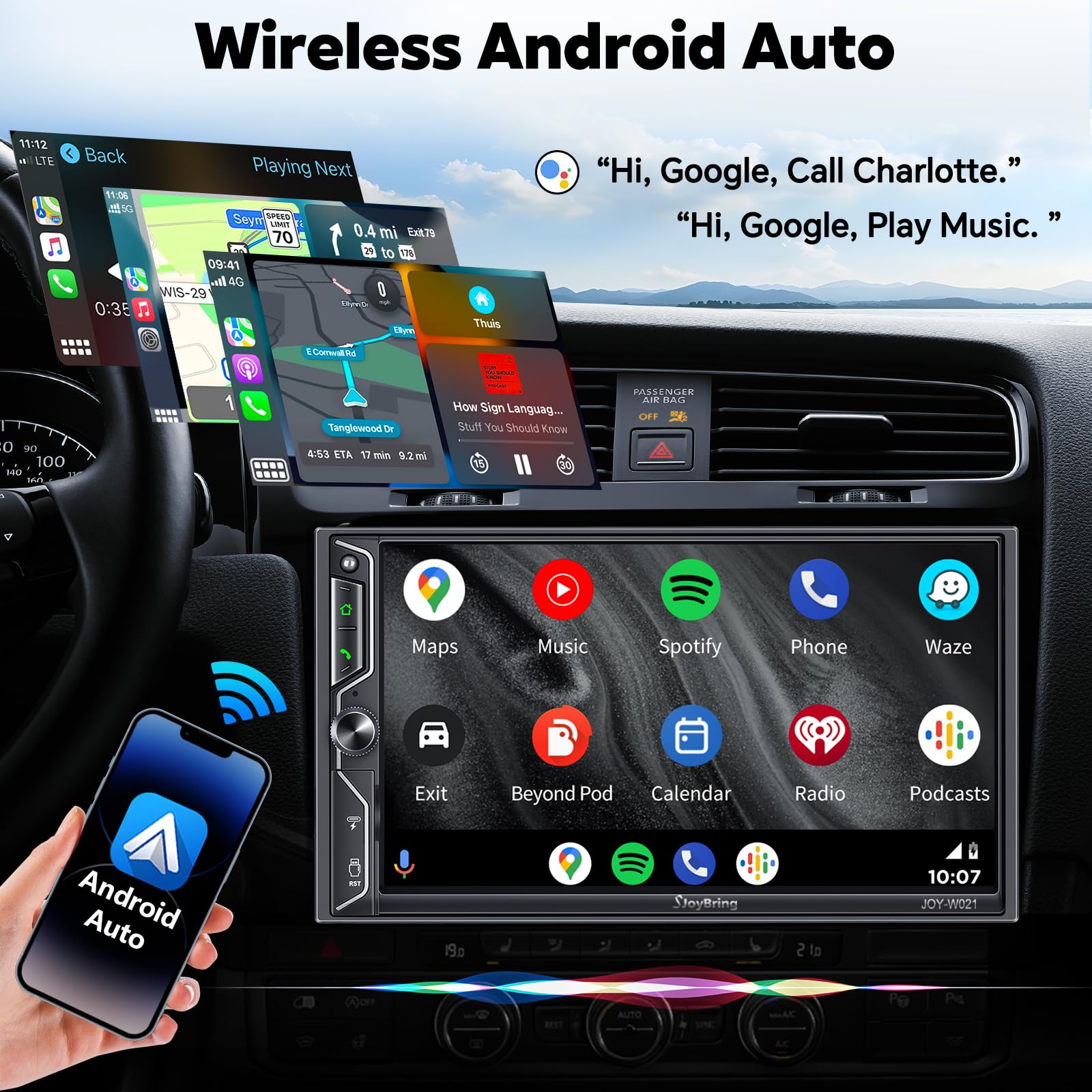 [QLED Screen Upgrade] 7" Double Din Car Stereo with Wireless Apple CarPlay and Android Auto, 240W Powerful Sound, 4.2-Channel Audio Output, Bluetooth, MirrorLink, Backup Camera, AM/FM Car Radio
