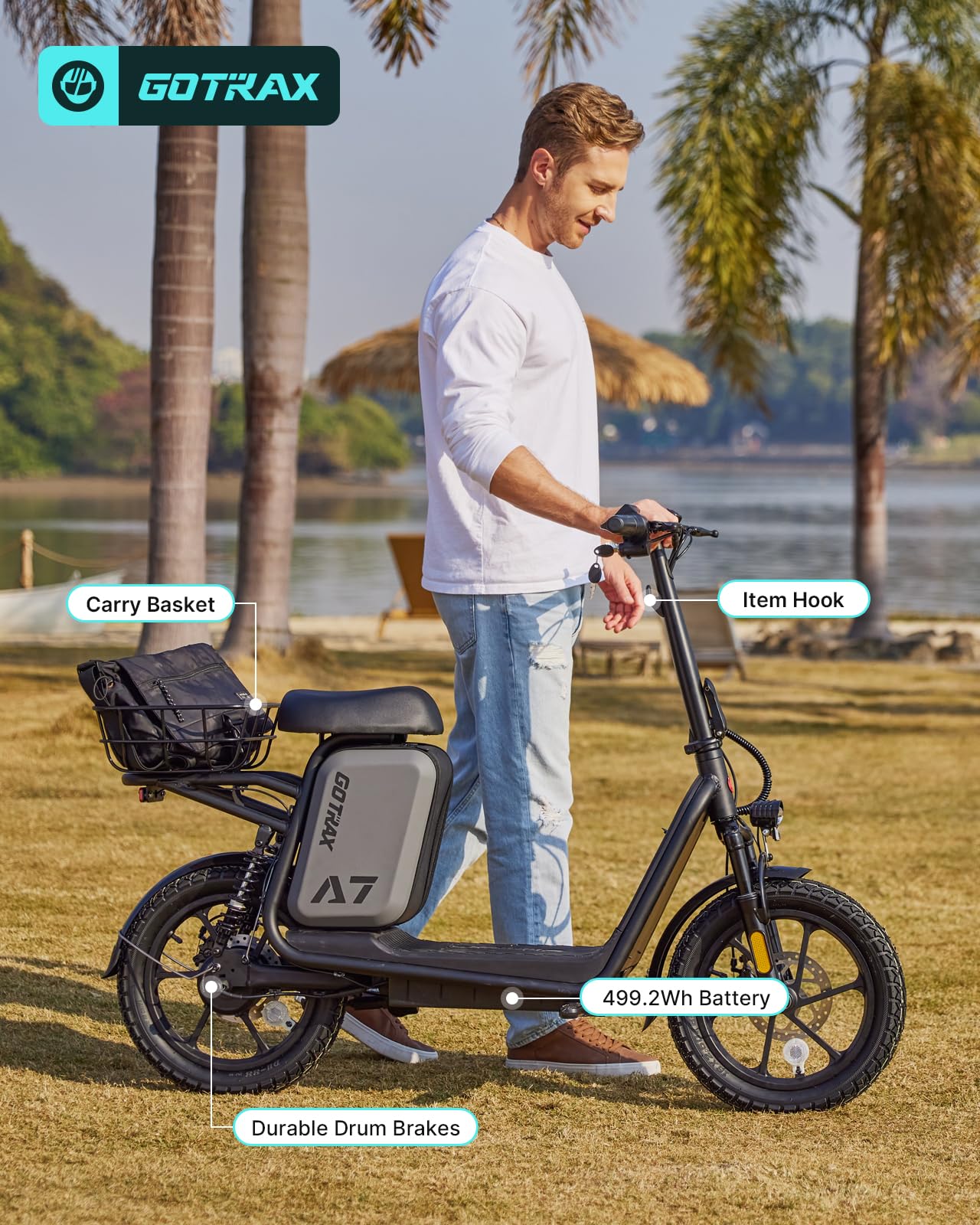 Gotrax A7 Electric Scooter for Adults-16 Pneumatic Tires, 500W Motor Hits 20 Mph, 28 Miles Range & 2 Gears, Comfortable Seat & Big Seat Bag, Wider Deck & Carry Basket for Daily Commuting Black