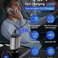 Retractable Car Charger, 4 in 1 Fast Charging Car Charger USB-C & USB-A Compatible with iPhone 16/15/14/13/12/11,Galaxy,Pixel