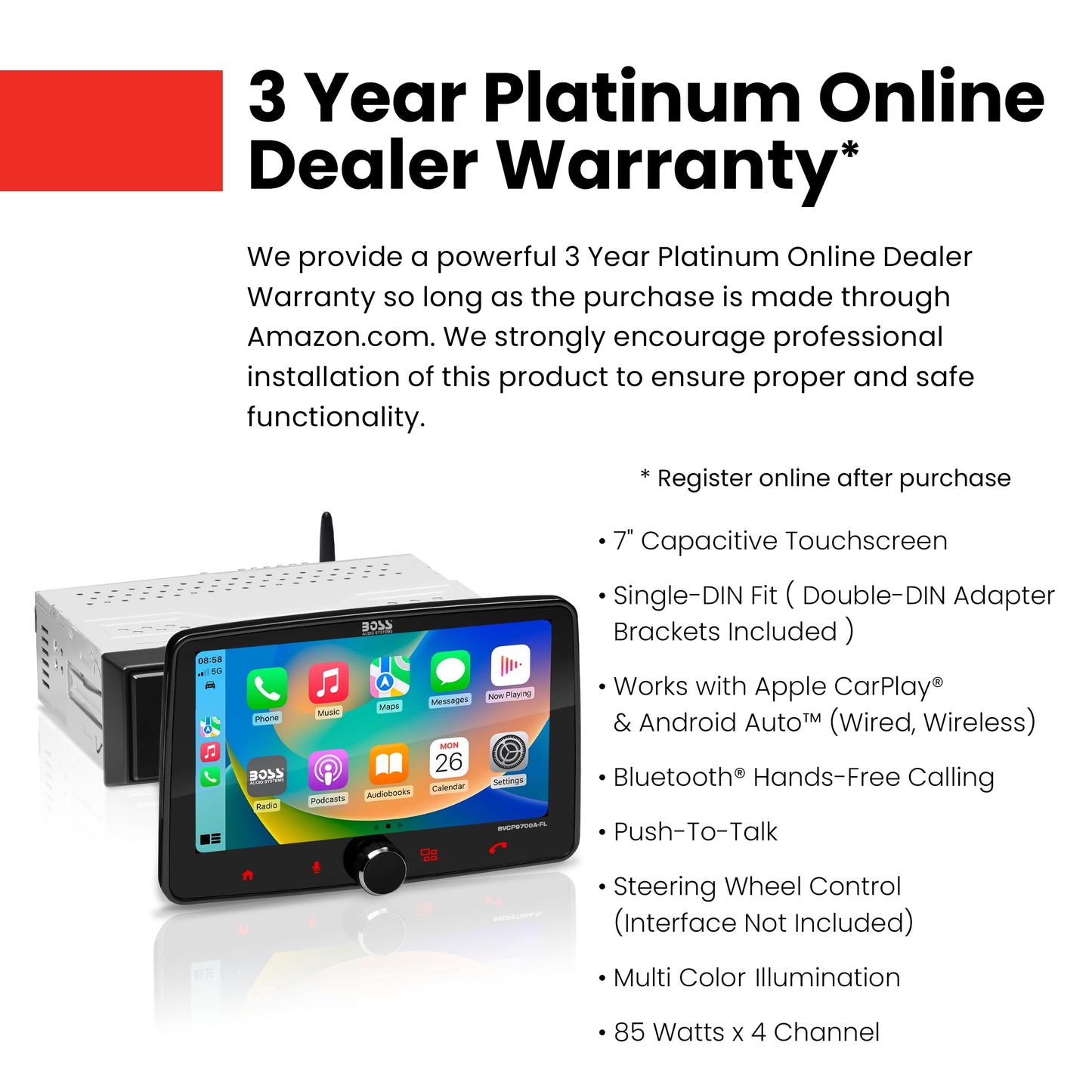 BOSS Audio Systems BVCP9700A-FL Single DIN Car Stereo Wireless Apple CarPlay, Android Auto, 7 Inch Touchscreen, Bluetooth, AM/FM Radio Receiver