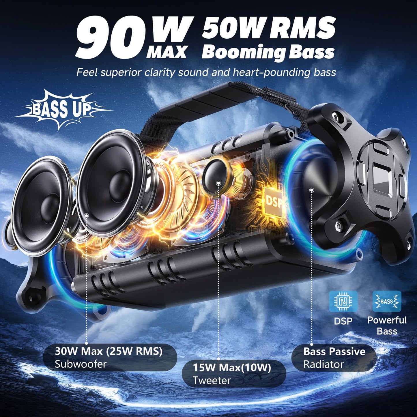 W-KING Bluetooth Speaker, 90W Max Portable Outdoor Speaker Loud, IPX6 Waterproof/50W Deep Bass Subwoofer/40H/EQ/Dual Pairing/TF/AUX, Large Boombox Speakers Bluetooth Wireless for Party/Beach/Jobside - Volt-Edge Technologies®