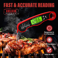 AWLKIM Meat Thermometer Digital - Instant Read Waterproof Food Thermometer with Backlight for Cooking, Grill, Candy, Kitchen & Stocking Stuffers for Men - Red