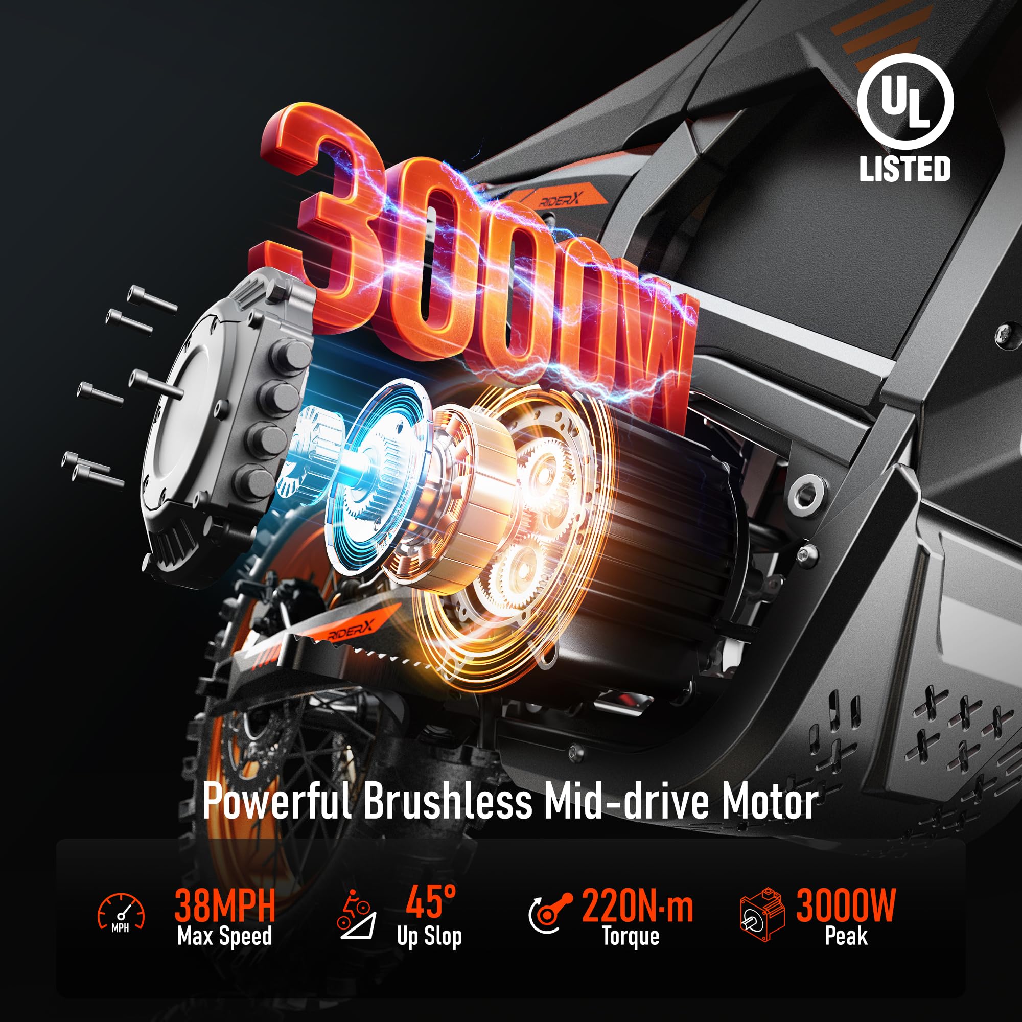 RiderX Electric Dirt Bike for Adults Teens, 3000W Brushless 220Nm Motor - 45° slope, 38 MPH, 48V/23.5Ah Removable Battery, Dual Hydraulic Brakes & Full Suspension Electric Motorcycle for Age 13+,Black