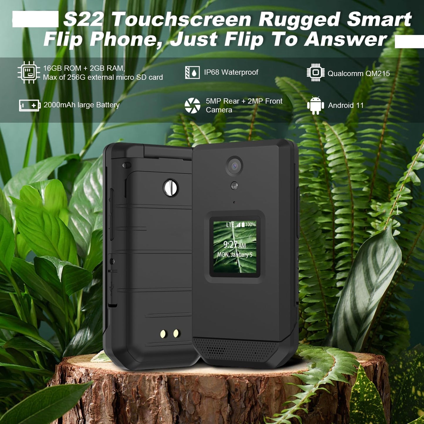 S22 Smart Flip Phone (16GB) 2.8" Touchscreen Rugged Cell Phone Android 11, IP68 Water Resistant, 4G LTE GSM Single Nano Slot, Come with Speedtalk SIM Card, Compatible with T-Mobile, AT&T (Black)