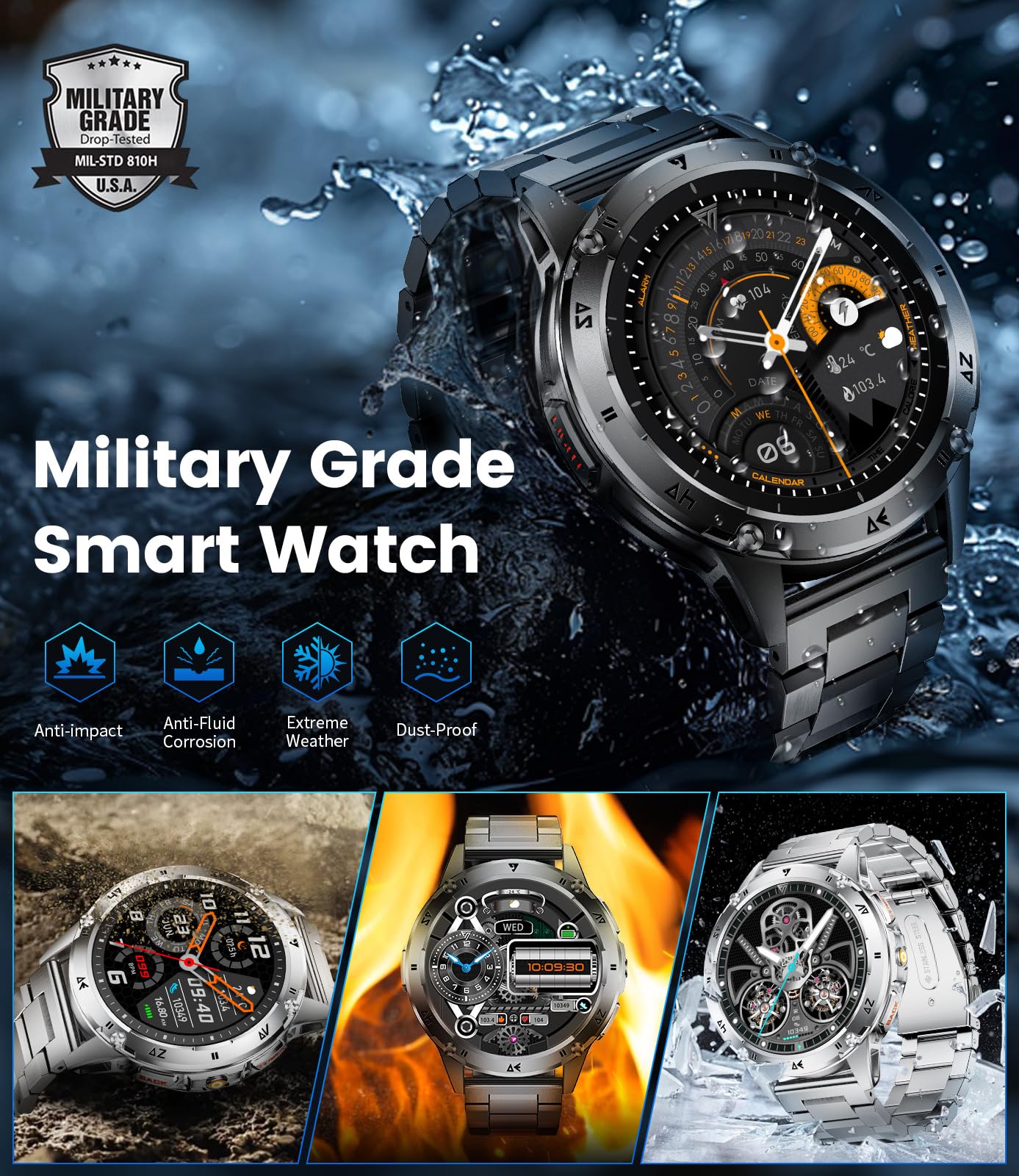 SUNKTA Military Smart Watches for Men,530mAh Large Battery,1.43" AMOLED Heart Rate/Sleep Monitor 5ATM Waterproof Smartwatch for Android iOS (Answer/Make Calls),Fitness Tracker with LED Flashlight