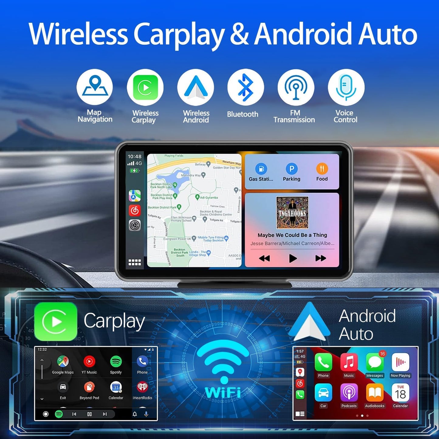 Carplay Wireless Portable Touchscreen Car Stereo Bluetooth Voice Control 7" for Apple Car Play & Android Auto Car Audio HD Screen with 1080p Backup Camera GPS Navigation/Mirror Link Fits All Cars