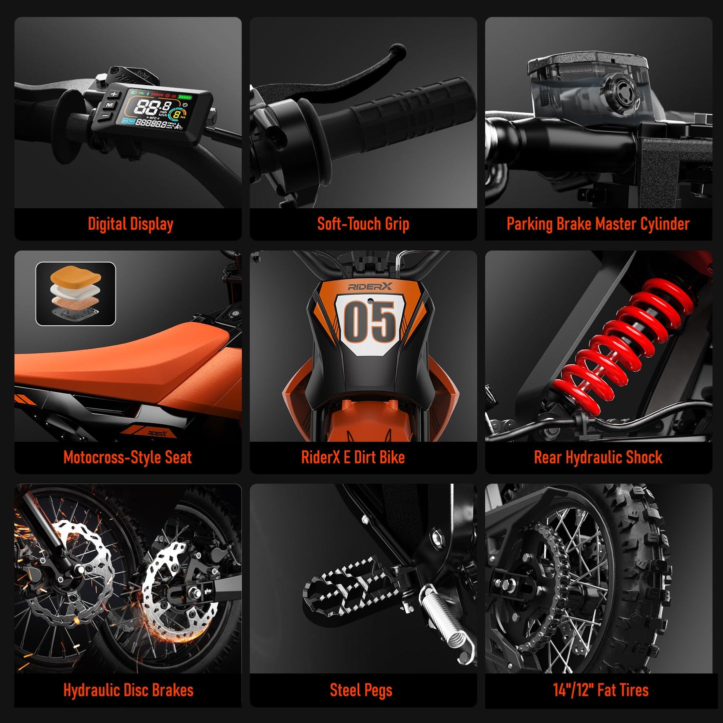 RiderX Electric Dirt Bike for Adults Teens, 3000W Brushless 220Nm Motor - 45° Slope, 38 MPH, 48V/23.5Ah Removable Battery, Dual Hydraulic Brakes & Full Suspension Electric Motorcycle for 13+, Orange