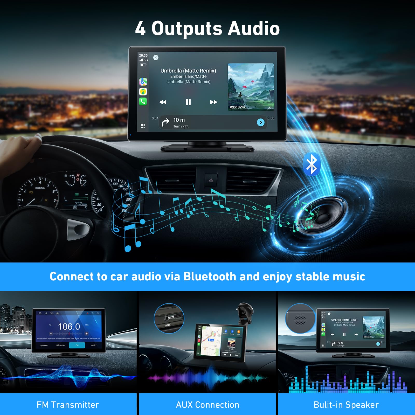 Gikktdr Wireless Carplay Screen for Car & Android Auto, 4K Dash Cam + 1080P Backup Camera, Portable Touchscreen, GPS Navigation, Bluetooth for All Cars (9inch)