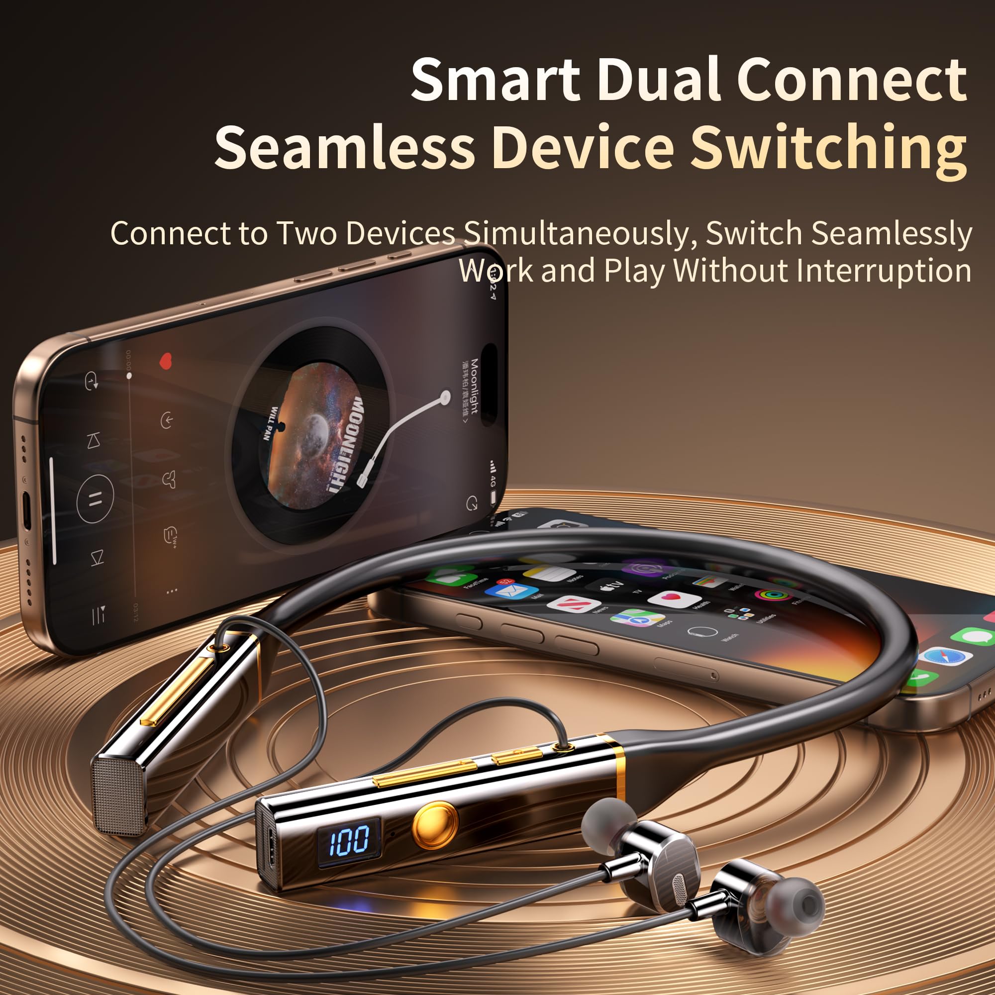 Kshttky Neckband Wireless Earbuds Around The Neck,Bluetooth V5.4 Headphones, 4-Driver Stereo Sound, 100 Hours Playtime, in-Ear with Mic for Sports, Fitness, Outdoor & Work (Black)