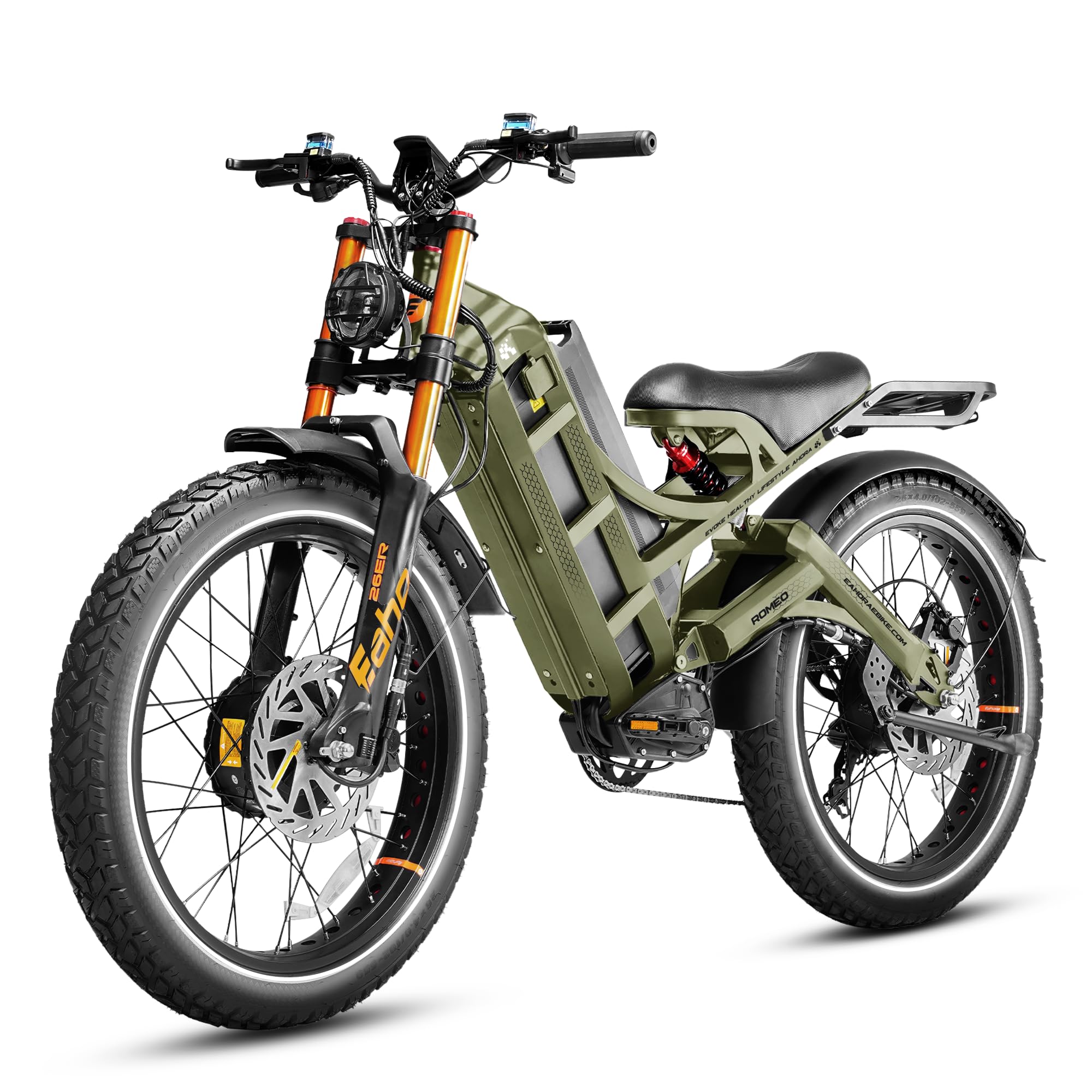 eAhora Romeo Pro 3 Peak 5600W Electric Bike for Adults 50Mph, 60V 80Ah Battery 250 Miles,Long Range Dual Motors Ebike,26"*4.0 Fat Tire Full Suspension,UL 2849 (Romeo Pro Iii+Rear Rack+Basket, Green)