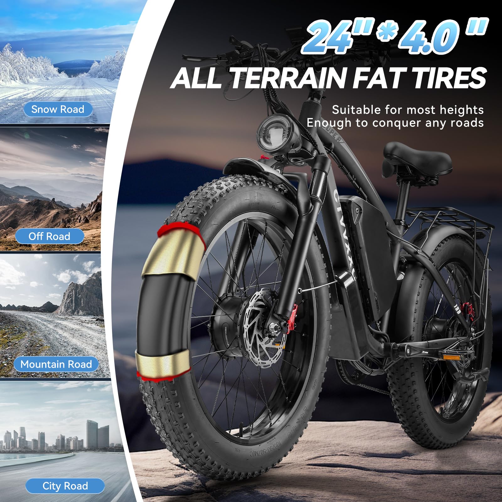 6000W Peak Dual Motor Ebike for Adults - 52V 34Ah Fast Electric Bike for Men Women 45 MPH,Up to 100 Miles,24" Fat Tire Lockable Suspension Electric Bicycle for Snow Off-Road Commuter Mountain E-Bike