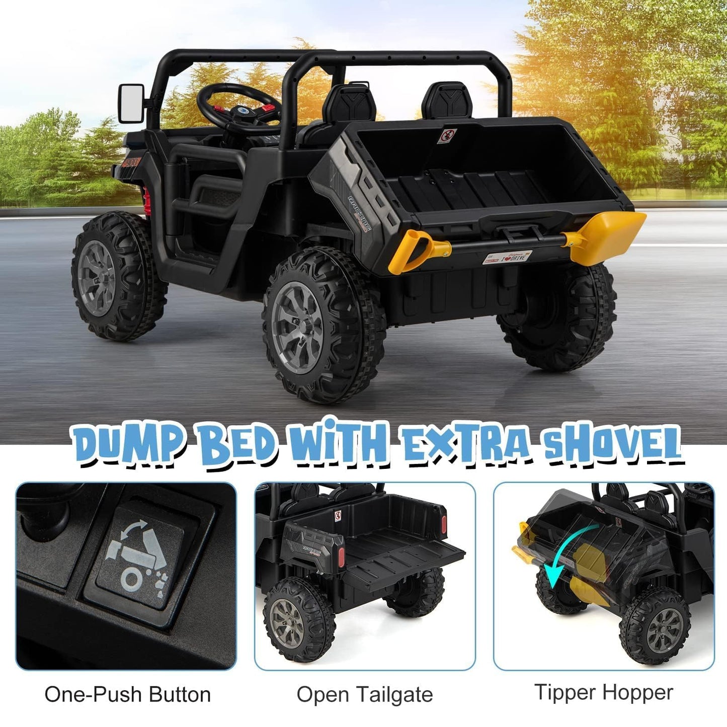 OLAKIDS 2 Seater Ride On Car, 12V Off-Road UTV Electric Vehicle with Remote Control, Dump Bed, Extra Shovel, Music, USB, AUX, Rocking Function, Kids Toddlers Battery Powered Truck (Dark Black)