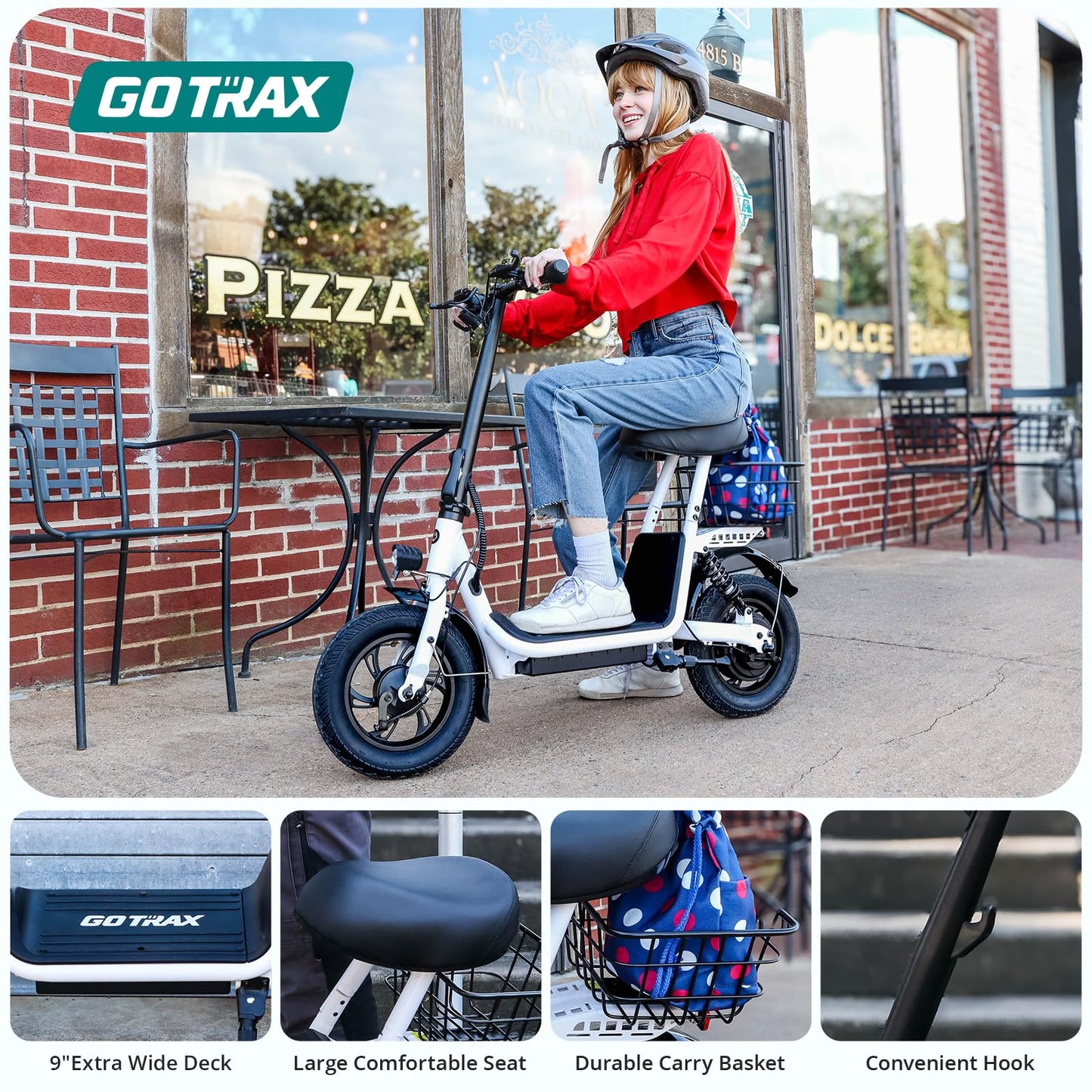 Gotrax A5 Electric Scooter w/Seat for Adults, 12" Pneumatic Tire, Max 15.5 Miles&15.5 Mph Power by 400W Motor, Dual Rear Shock Absorber&Dual Brake, Comfortable Wider Seat&Carry Basket&Hook, White