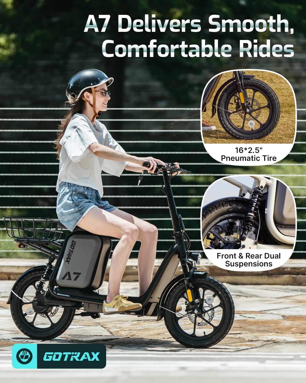 Gotrax A7 Electric Scooter for Adults-16 Pneumatic Tires, 500W Motor Hits 20 Mph, 28 Miles Range & 2 Gears, Comfortable Seat & Big Seat Bag, Wider Deck & Carry Basket for Daily Commuting Black