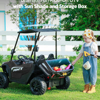 ELEMARA 24V Side by Side Electric Off-Road Truck, 4.5MPH, 2 Seater Ride on Toy for Big Kids w/Sun Shade, Electric Vehicles for Kids, 2 Shock Absorbers, 3 Speeds, LED Lights,Bluetooth Music, Black