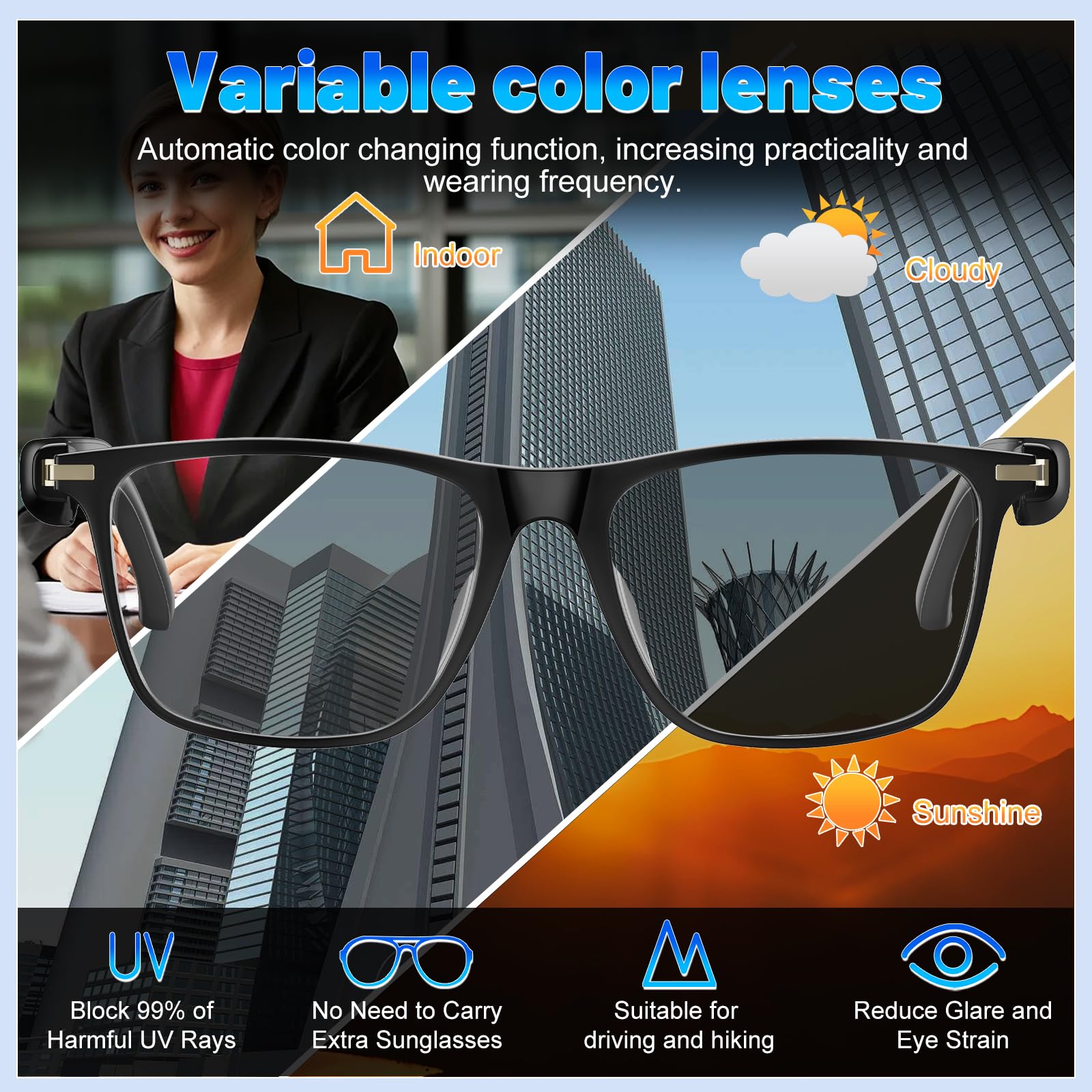 AI Translation Smart Glasses with 138 Languages, Bluetooth Glasses Compatible with ChatGPT, Photochromic Lens with Open-Ear Speakers for Men Women, for Travel, Business, Driving