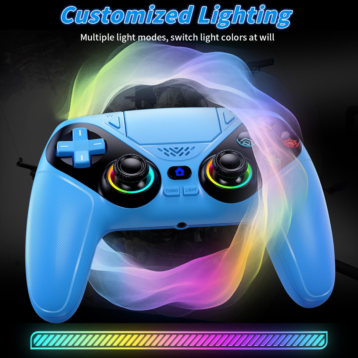 Dinosoo RGB Wireless Controller for PS5/PlayStation 5 PC, Bluetooth Controller with Turbo, Macro, Dynamic Vibration, 6-Axis Motion Control, 3.5mm Audio Jack, 1000mAh Battery, Speaker - Blue