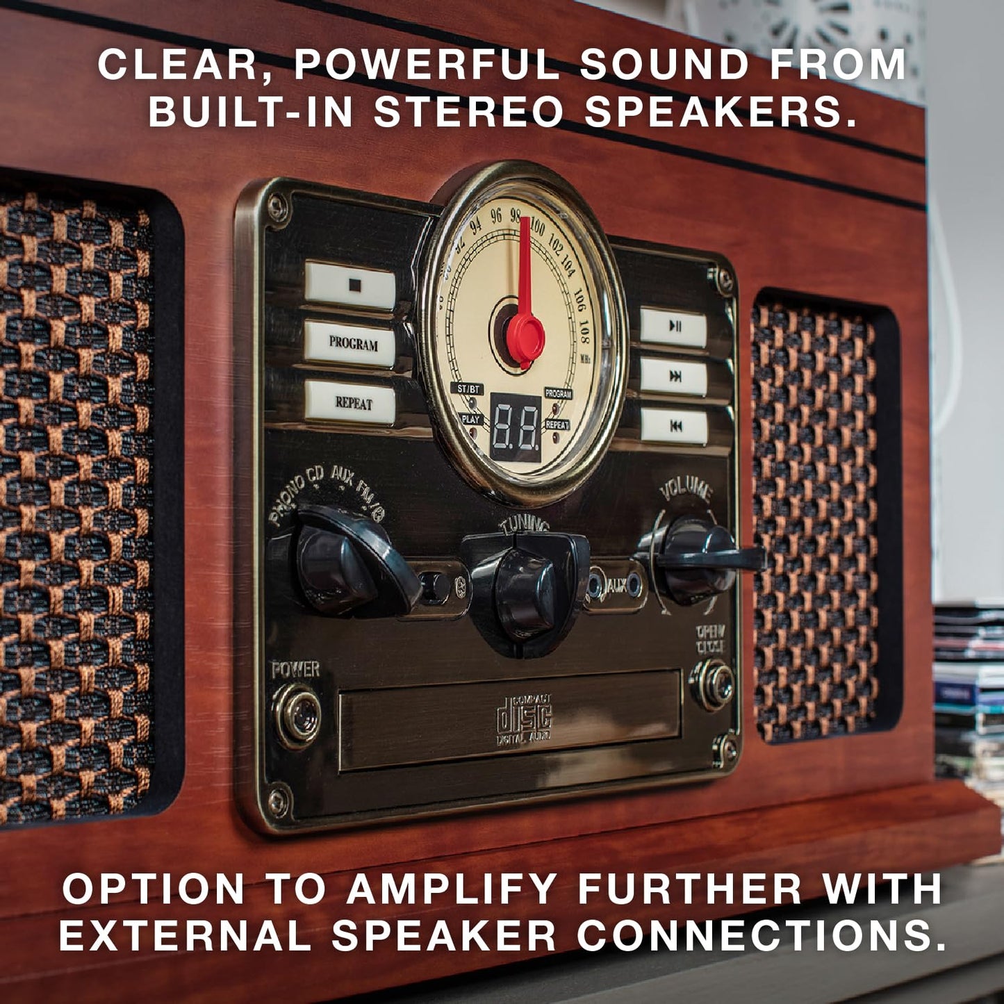 Victrola The Quincy 6-in-1 Bluetooth Record Player & Multimedia Center with Built-in Speakers – 3-Speed Turntable, CD & Cassette Player, AM/FM Radio, Wireless Music Streaming (Mahogony)