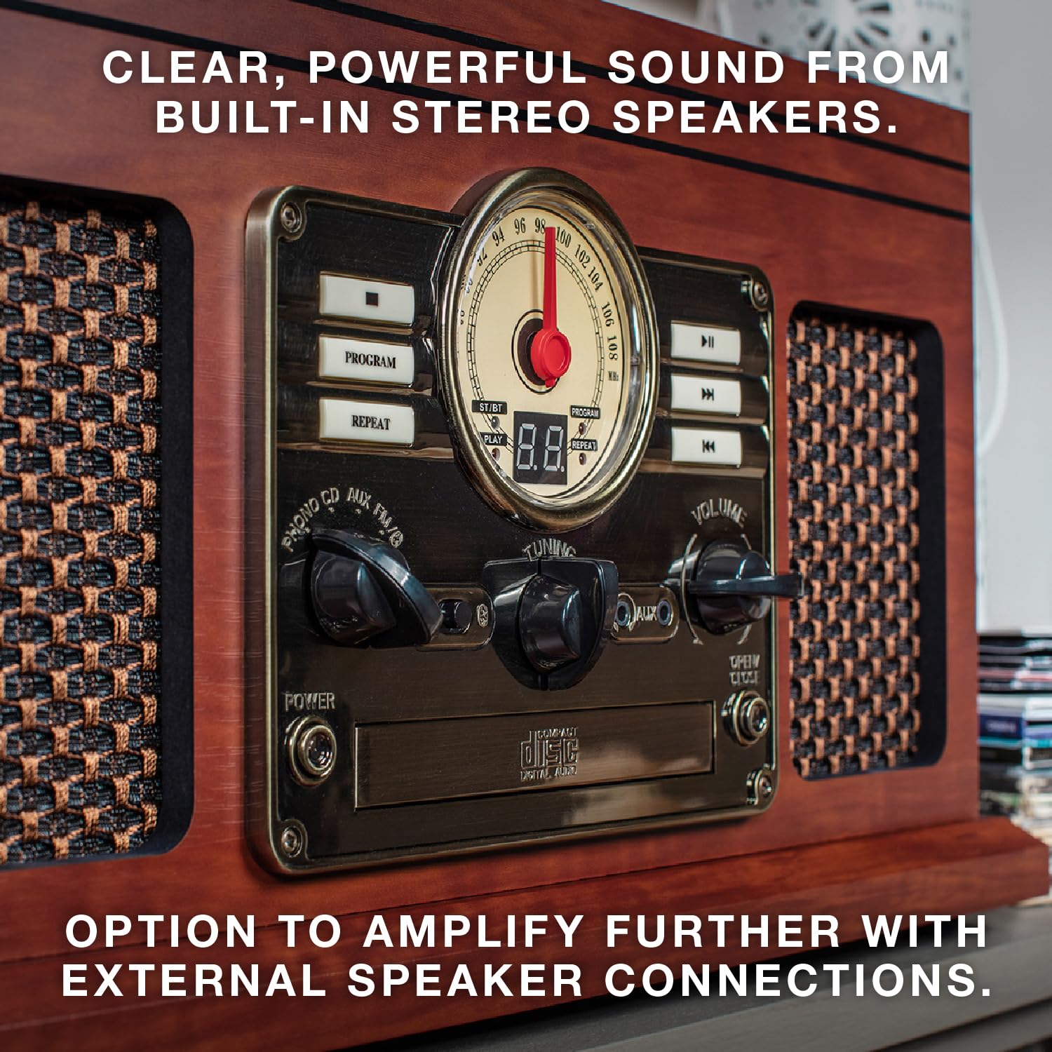 Victrola The Quincy 6-in-1 Bluetooth Record Player & Multimedia Center with Built-in Speakers – 3-Speed Turntable, CD & Cassette Player, AM/FM Radio, Wireless Music Streaming (Mahogony)