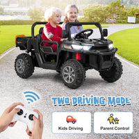 OLAKIDS 2 Seater Ride On Car, 12V Off-Road UTV Electric Vehicle with Remote Control, Dump Bed, Extra Shovel, Music, USB, AUX, Rocking Function, Kids Toddlers Battery Powered Truck (Dark Black)