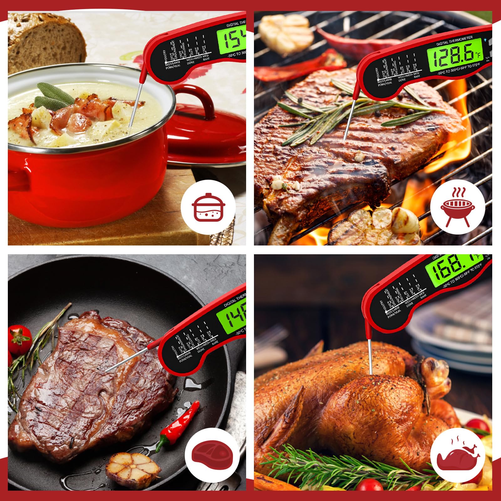 AWLKIM Meat Thermometer Digital - Instant Read Waterproof Food Thermometer with Backlight for Cooking, Grill, Candy, Kitchen & Stocking Stuffers for Men - Red