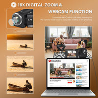 Muitune Camcorder Video Camera QHD 2.7K 56MP 16X Digital Zoom Vlogging Camera with LED Fill Light for YouTube, 2.8 Inch 270 Degree Rotation LCD Screen Camcorder with 32GB SD Card and Two Batteries