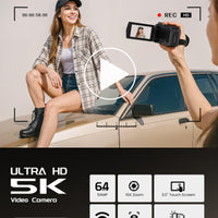 5K Video Camera Camcorder, UHD 64MP Vlogging Camera for YouTube with 3" 270° Rotatable Touch Screen, Digital Camera with IR Night Vision, 16X Zoom/WiFi/Webcam/HD/32GB Card/2 Batteries/Microphone