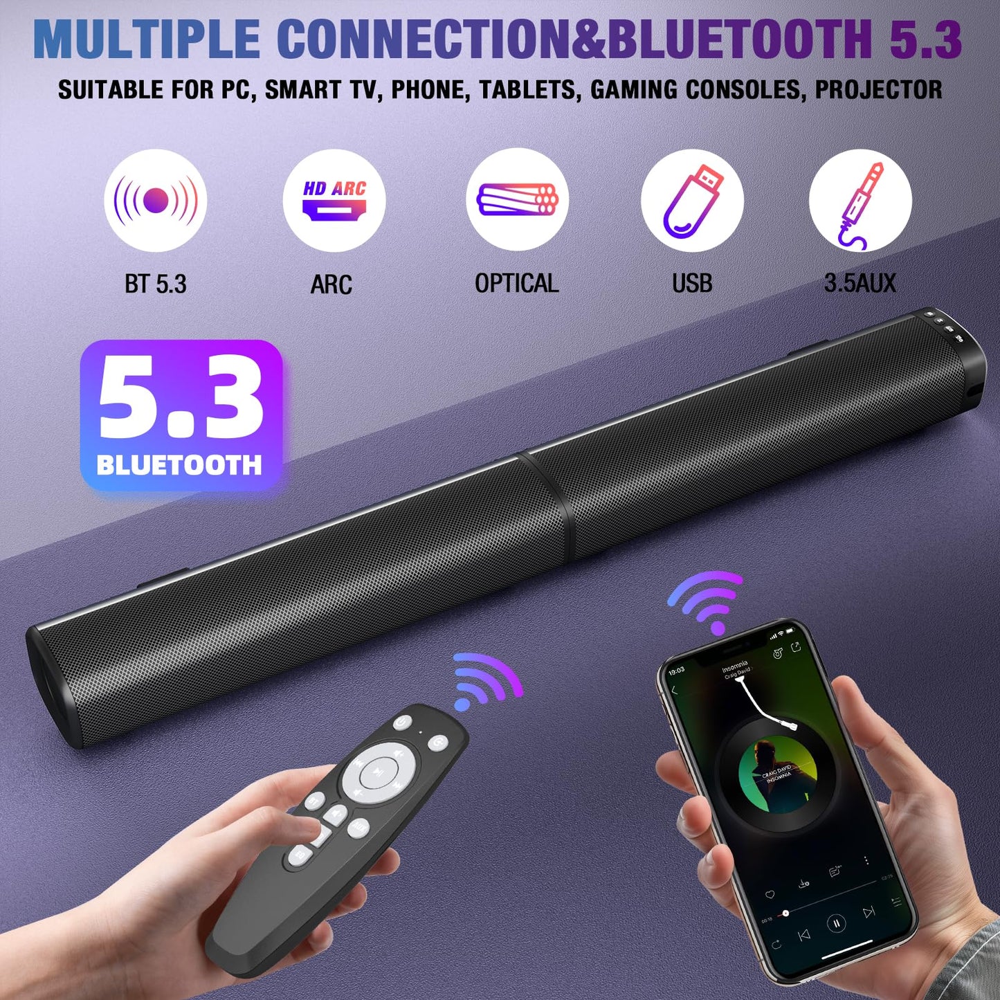 Yenjuty Sound Bar, 100W Sound Bar for Smart TV, Bluetooth 5.3 Soundbar, 2 in 1 Detachable Home Speaker Bass Effect, Home Theater Surround Sound, ARC/Optical/AUX/USB Connections, for TV/PC/Projectors - Volt-Edge Technologies®