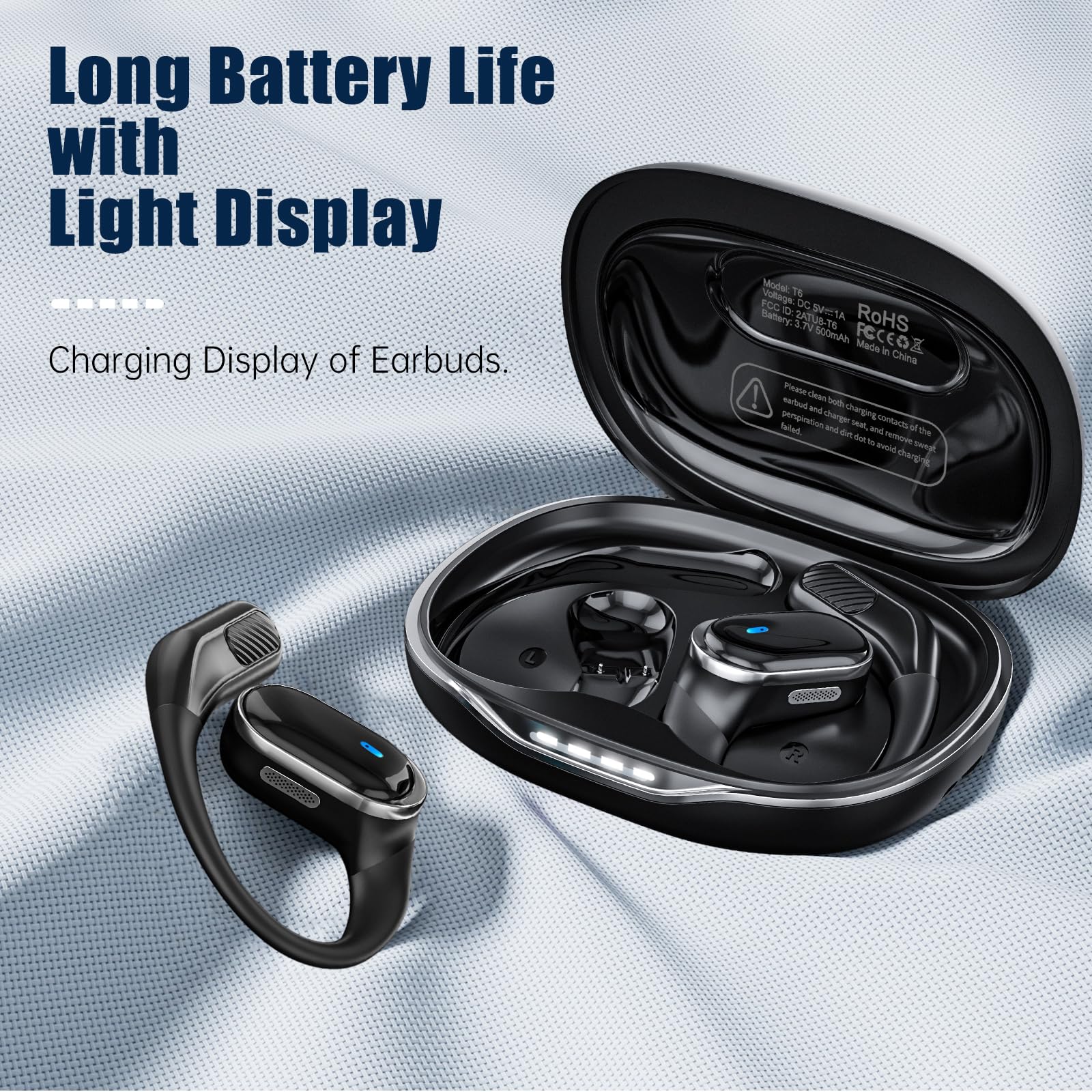 TRAUSI Open Ear Wireless Earbuds Bluetooth Headphones, 50Hrs Playtime Stereo Sound Earphones with IPX7 Waterproof Ear Buds for Fitness/Travel/Workouts (Black)