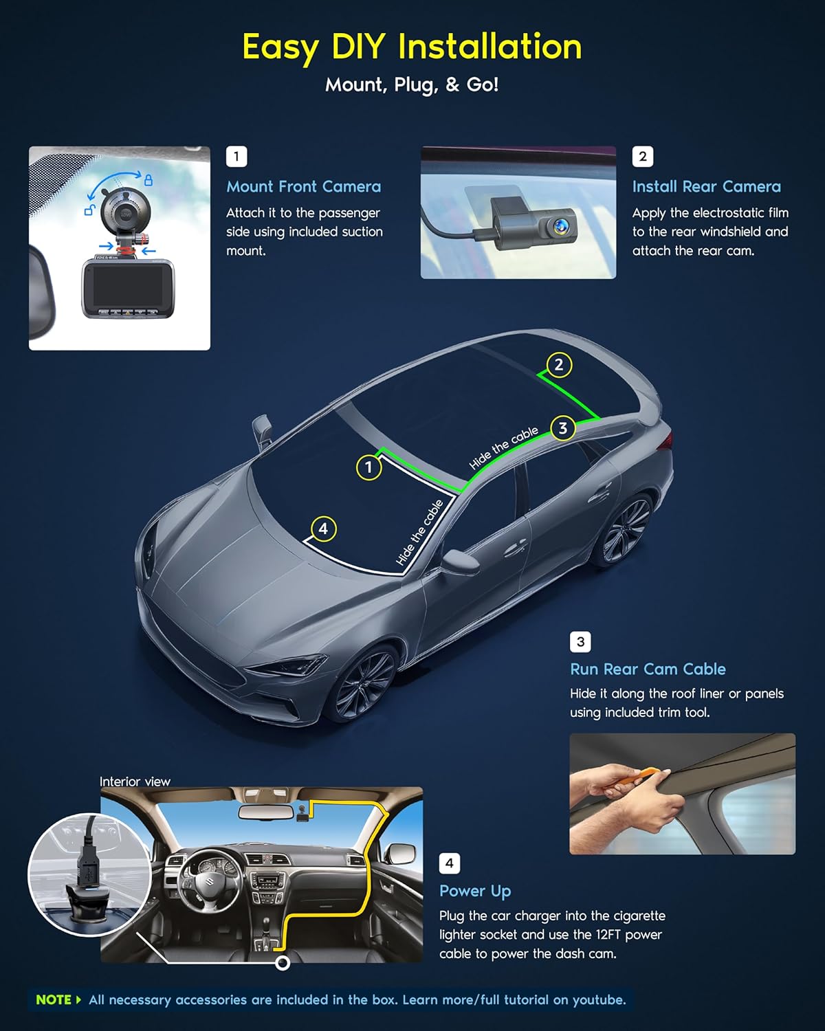 ROVE R2-4K DUAL Dash Cam Front and Rear, STARVIS 2 Sensor, FREE 128GB Card Included, 5G WiFi - up to 20MB/s Fastest Download Speed with App, 4K 2160P/FHD Dash Camera for Cars, 3" IPS, 24H Parking Mode