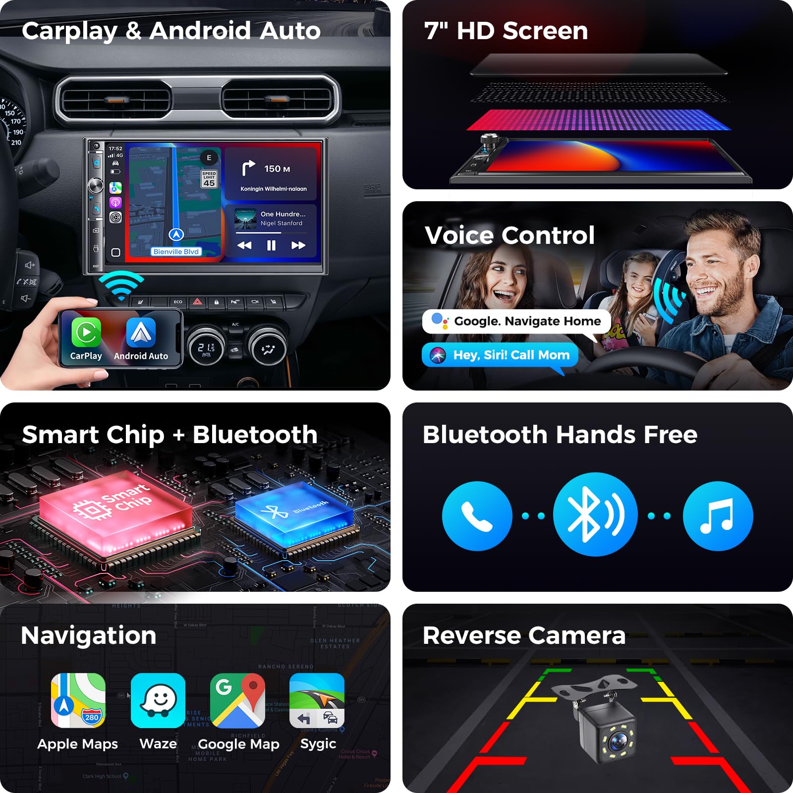 Kissound Double Din Car Stereo with 7" HD Touchscreen, Wireless Apple Carplay & Android Auto, Bluetooth, 240W, SWC, Subwoofer Output, Mirror Link, FM/AM Car Radio Receiver, Backup Camera