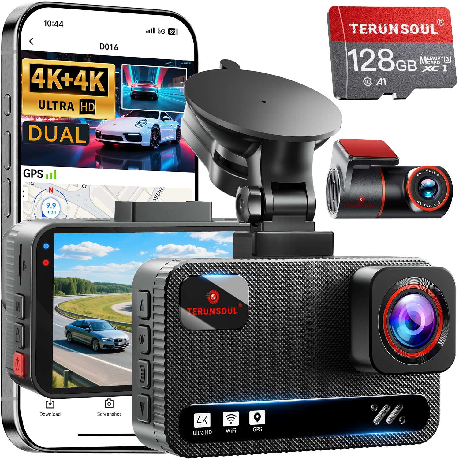 TERUNSOUl 4K+4K Dash Cam Front and Rear, Free 128GB Card Included, 5.8GHz WiFi Dash Camera for Cars, Built-in GPS, G-Sensor, 170°Wide Angle, 3" IPS Screen, 24H Parking Mode, Support 512GB Max