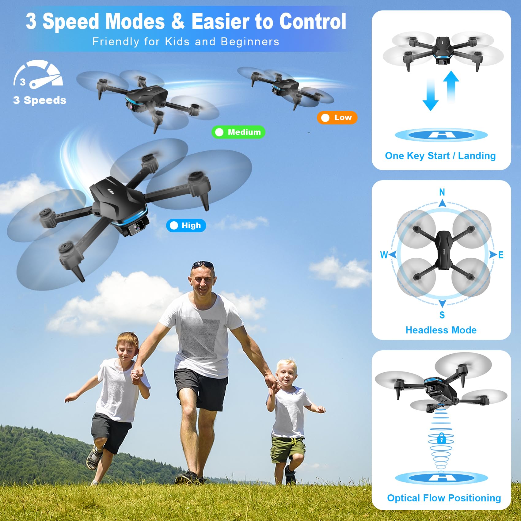 Drones with Camera for Adults 1080P HD Foldable Drone with Carrying Case Drone with One Key Take Off/Land, 3 Speed Mode, 360° Flip Dark Black
