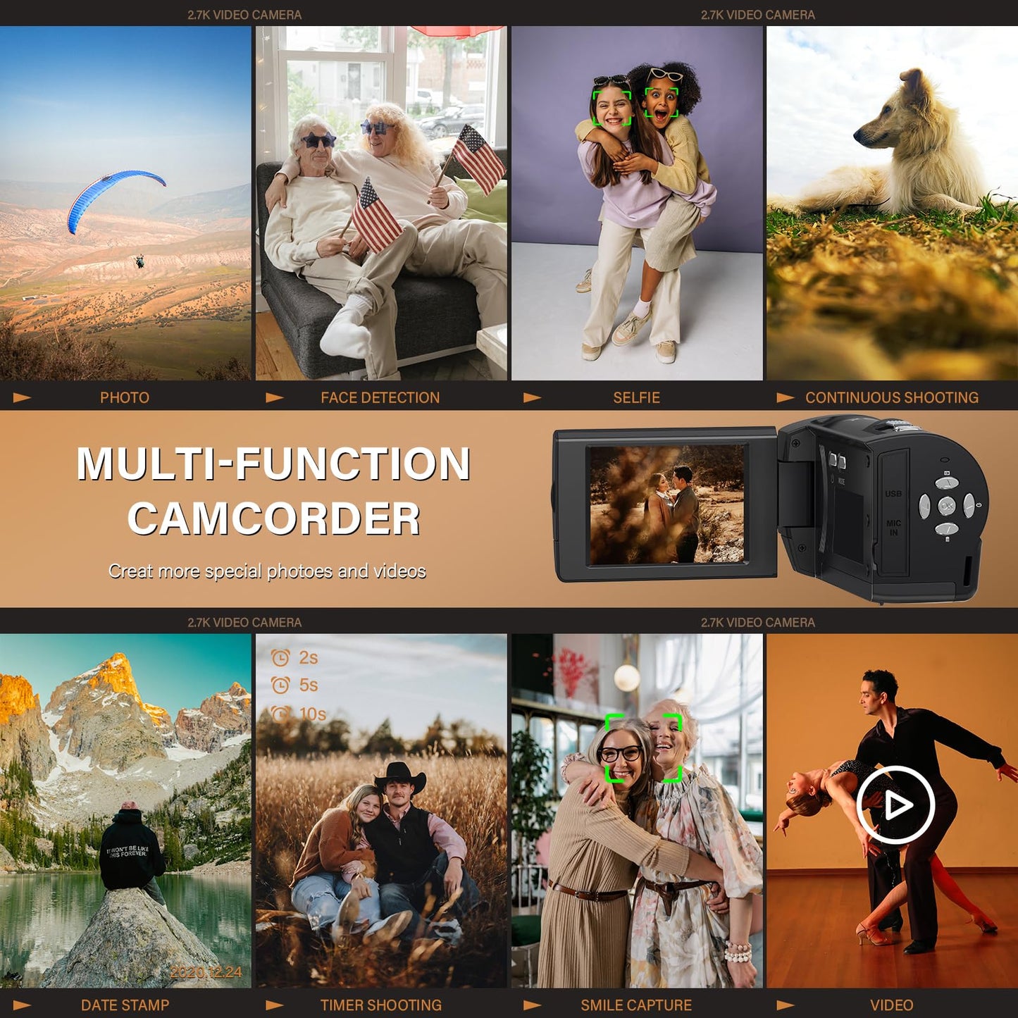 Muitune Camcorder Video Camera QHD 2.7K 56MP 16X Digital Zoom Vlogging Camera with LED Fill Light for YouTube, 2.8 Inch 270 Degree Rotation LCD Screen Camcorder with 32GB SD Card and Two Batteries