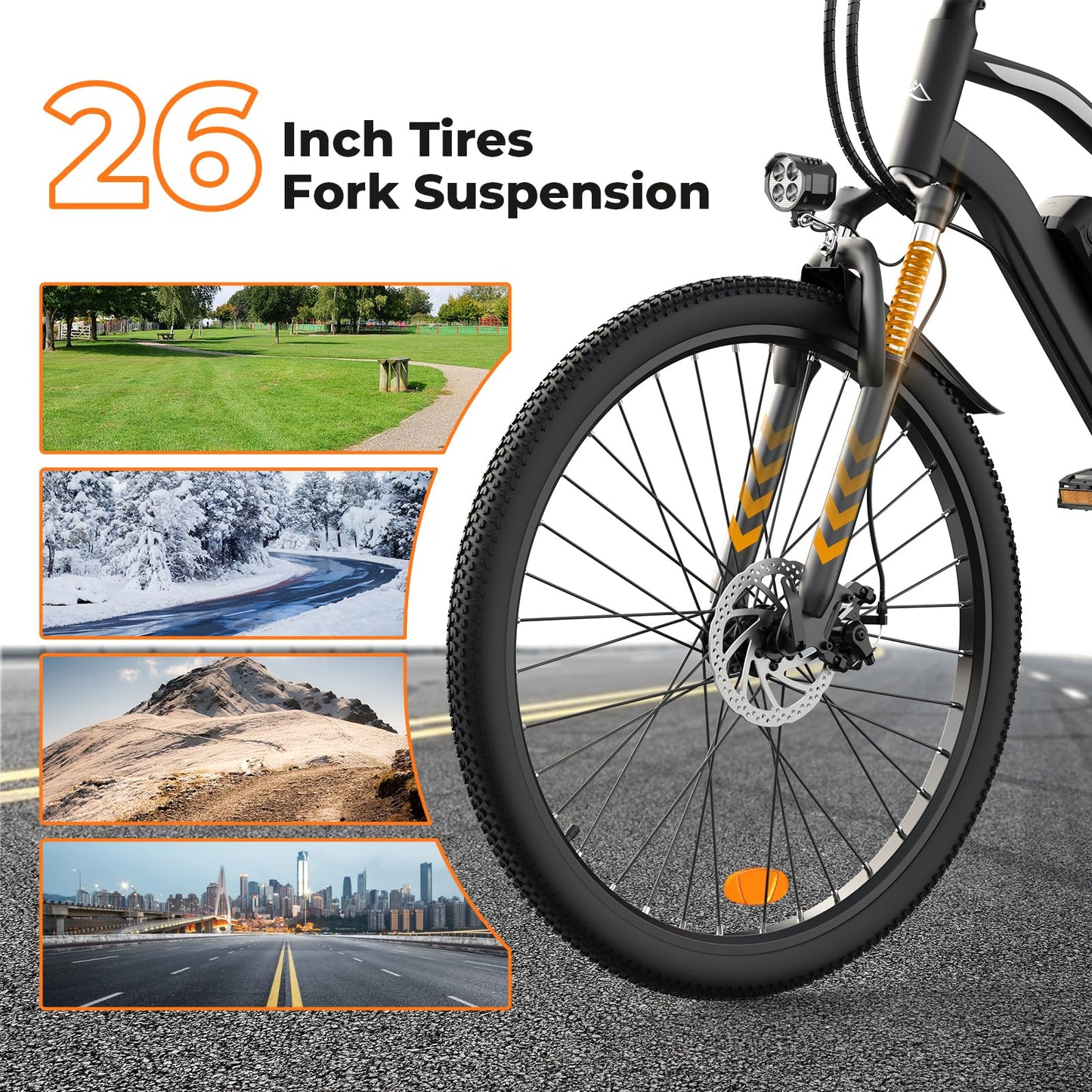 Fcgeoi Electric Bike, 750W Peak Motor, 60+ Miles Range & 20MPH, Removable Battery, 26" Tires, Dual Disc Brake, Shock Absorber, Commuting Electric Bikes for Adults