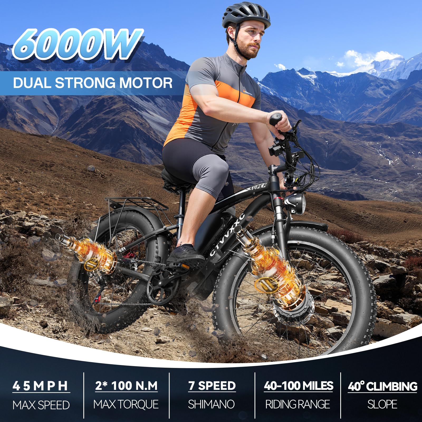 6000W Peak Dual Motor Ebike for Adults - 52V 34Ah Fast Electric Bike for Men Women 45 MPH,Up to 100 Miles,24" Fat Tire Lockable Suspension Electric Bicycle for Snow Off-Road Commuter Mountain E-Bike