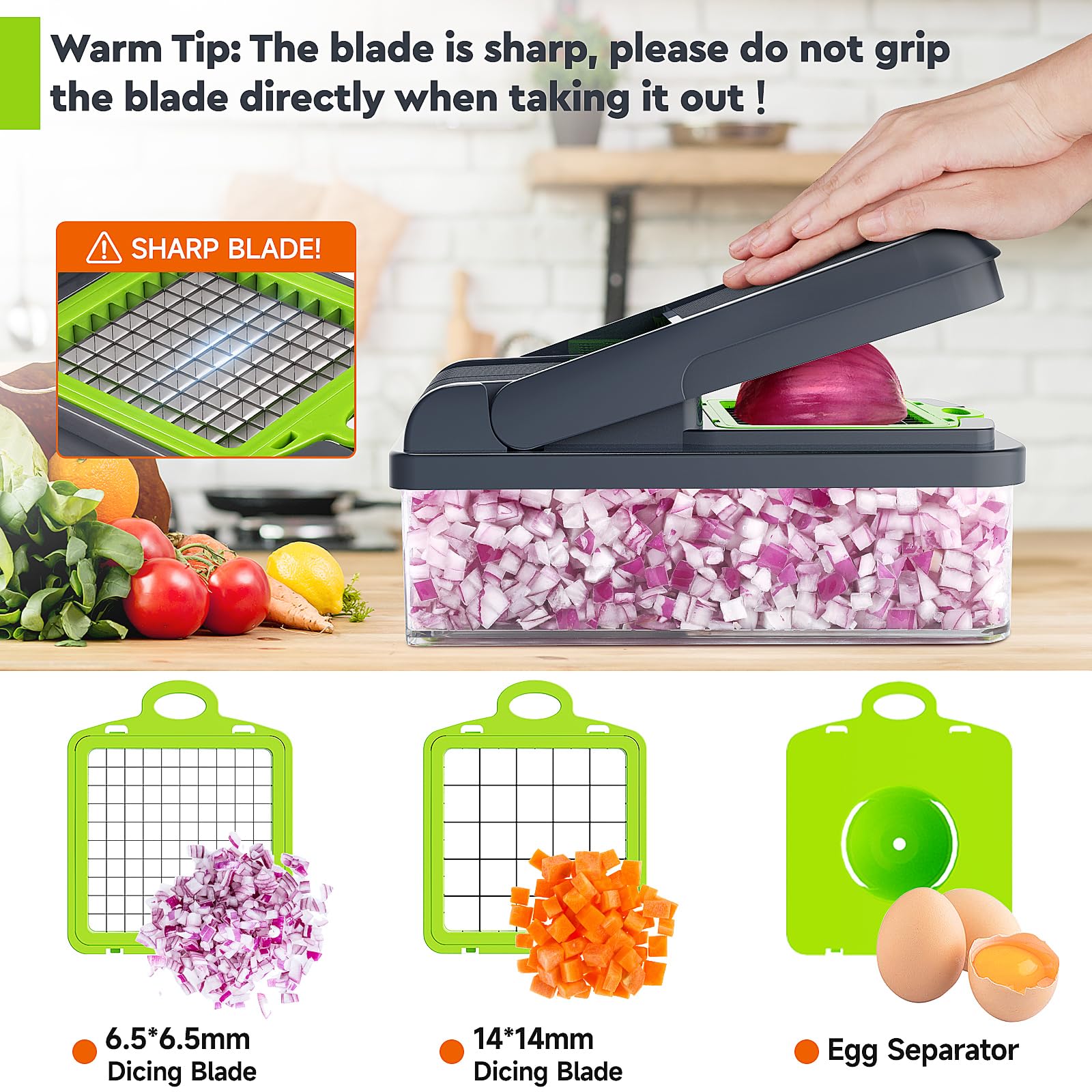 MealHelper 12-in-1 Vegetable Chopper, 7 Blade Veggie Chopper, Practical Food Chopper with Container, Cheese Grater, Home Essentials & Kitchen Gadgets(Green/Grey)