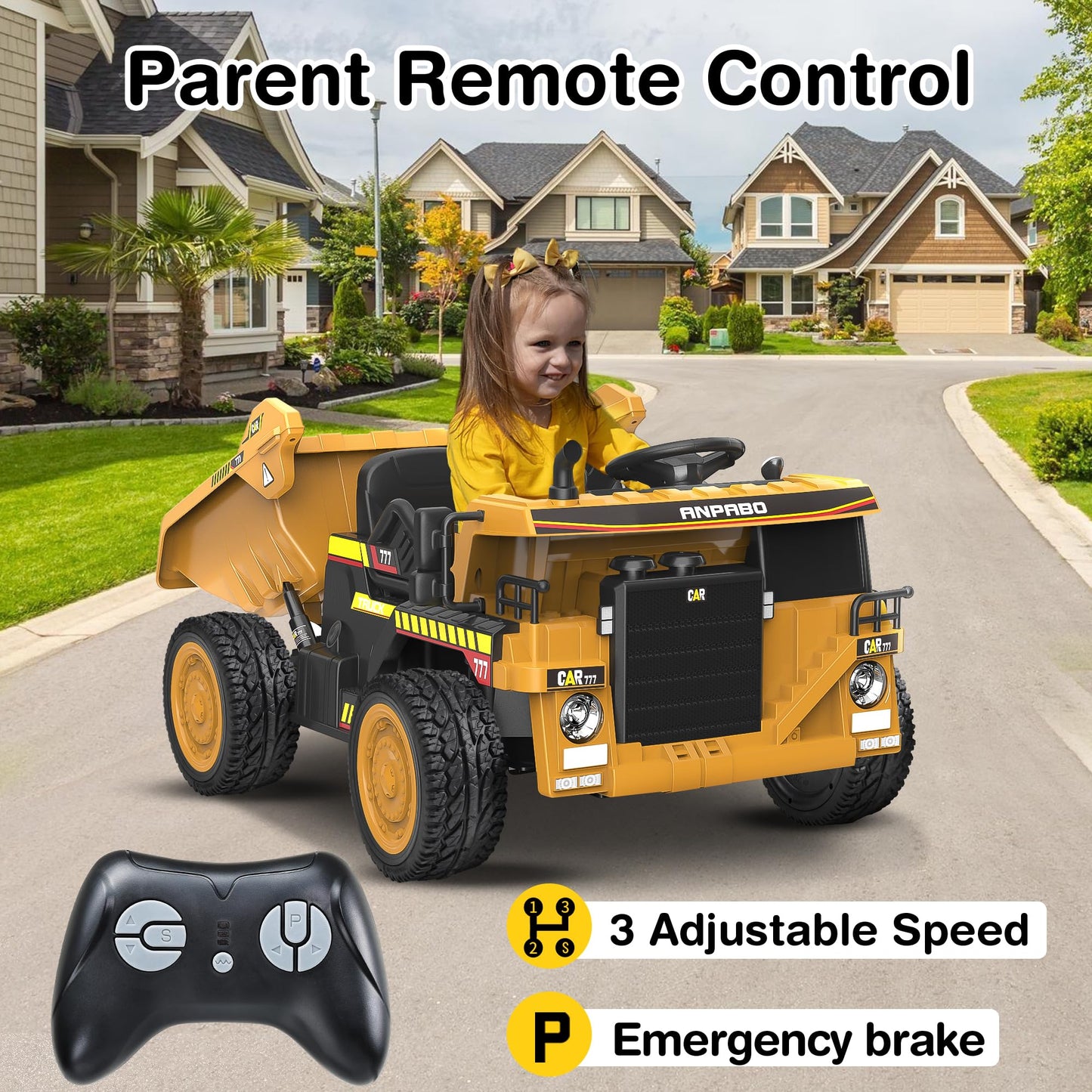 ANPABO 24V Ride On Dump Truck, 2X75W Powerful Motors, Up to 4.4Mph, EVA Tires, Construction Vehicle w/Electric Dump Bed and Extra Shovel, 19" Spacious Seat, Kids Car w/Parent Remote -Yellow