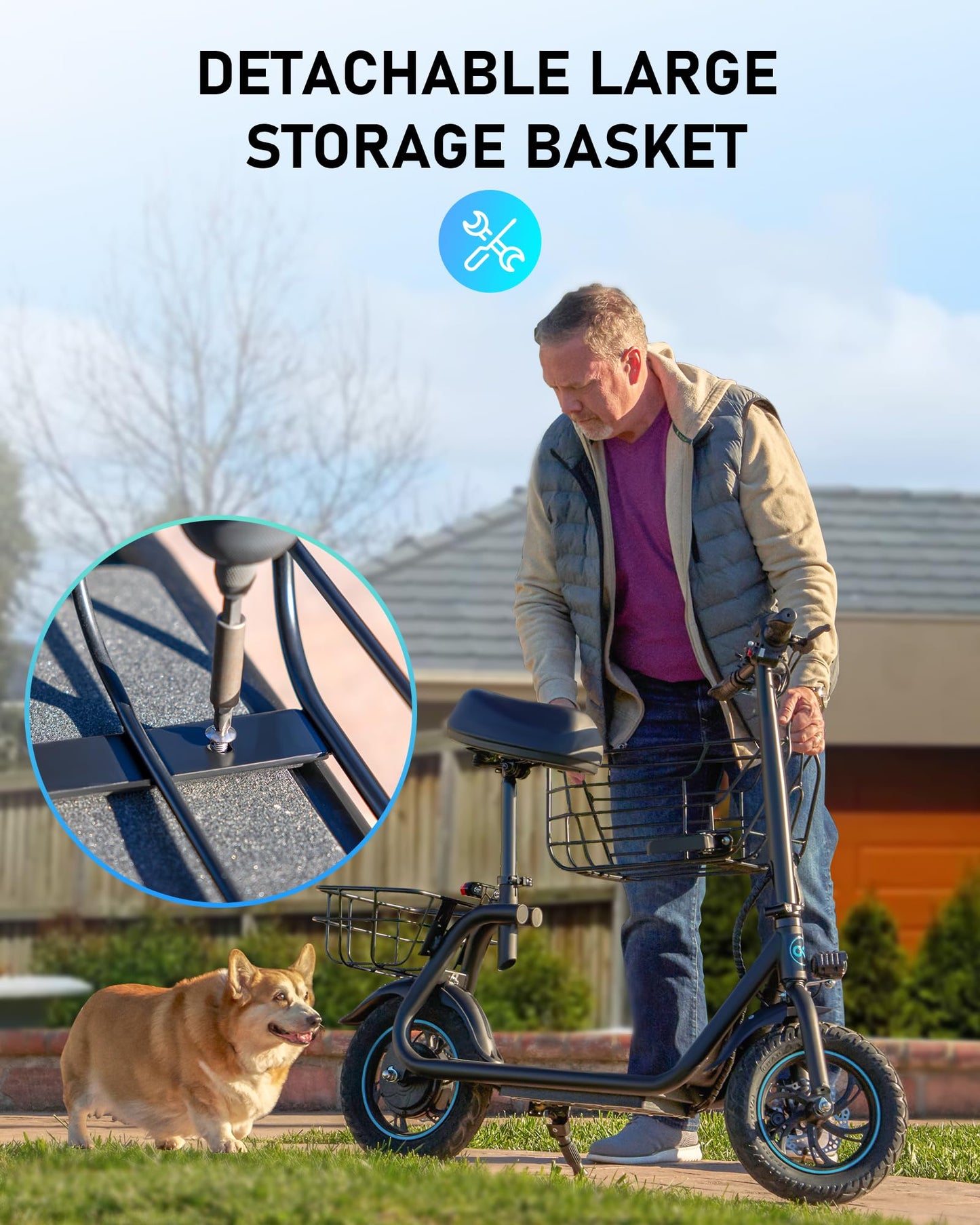 URBANMAX Electric Scooter with Seat, 550W Motor, 18.6MPH Top Speed, 20 Miles Range, Adults Electric Scooter with Large Storage Basket for Pets Dogs and Items，C1S-V1