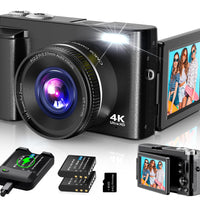 4K Digital Camera for Photography Autofocus, 2024 Latest 48MP Vlogging Camera for YouTube with SD Card, 2 Batteries, 3" 180°Flip Screen Compact Travel Camera for Teens with 16X Zoom, Anti-Shake,Black - Volt-Edge Technologies®