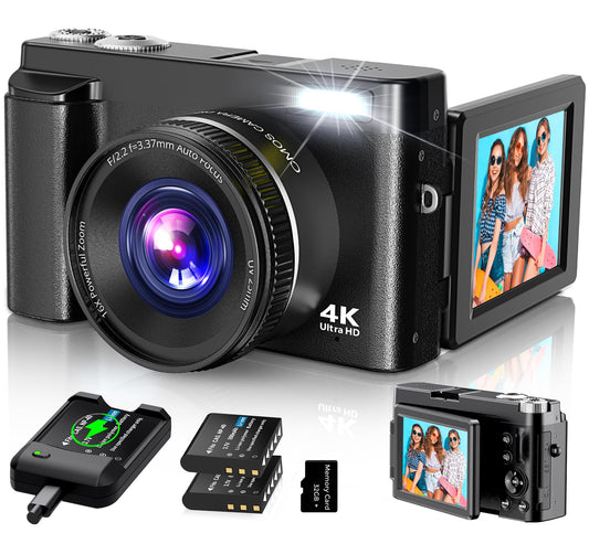 4K Digital Camera for Photography Autofocus, 2024 Latest 48MP Vlogging Camera for YouTube with SD Card, 2 Batteries, 3" 180°Flip Screen Compact Travel Camera for Teens with 16X Zoom, Anti-Shake,Black - Volt-Edge Technologies®