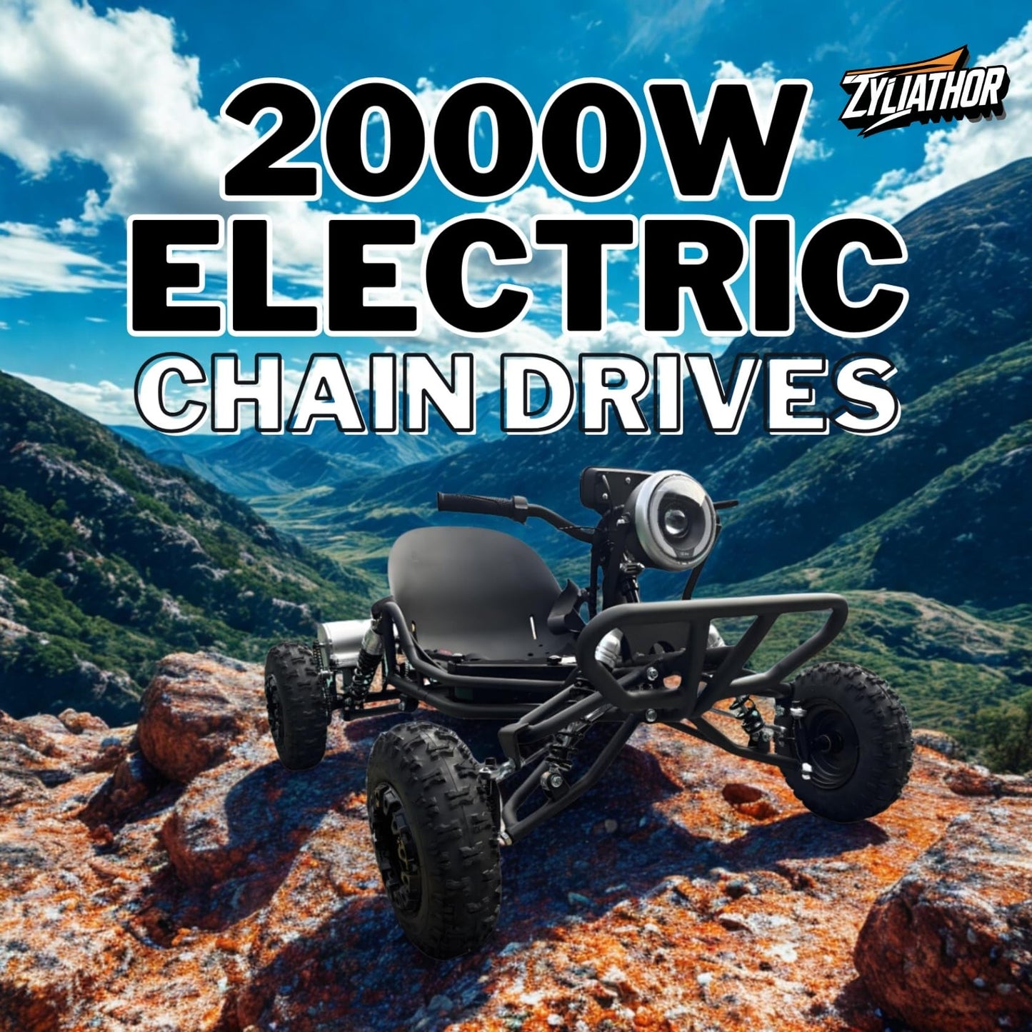 Zyliathor Electric Go Kart Adults/Kids - 48V 2000W Motor 12-31MPH, 6'' All-Terrain Tires, 10.4Ah(12+Mi), 440lbs Capacity, 3-Speed Modes LED Lights & Charger (Black)
