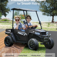 ELEMARA 24V Side by Side Electric Off-Road Truck, 4.5MPH, 2 Seater Ride on Toy for Big Kids w/Sun Shade, Electric Vehicles for Kids, 2 Shock Absorbers, 3 Speeds, LED Lights,Bluetooth Music, Black