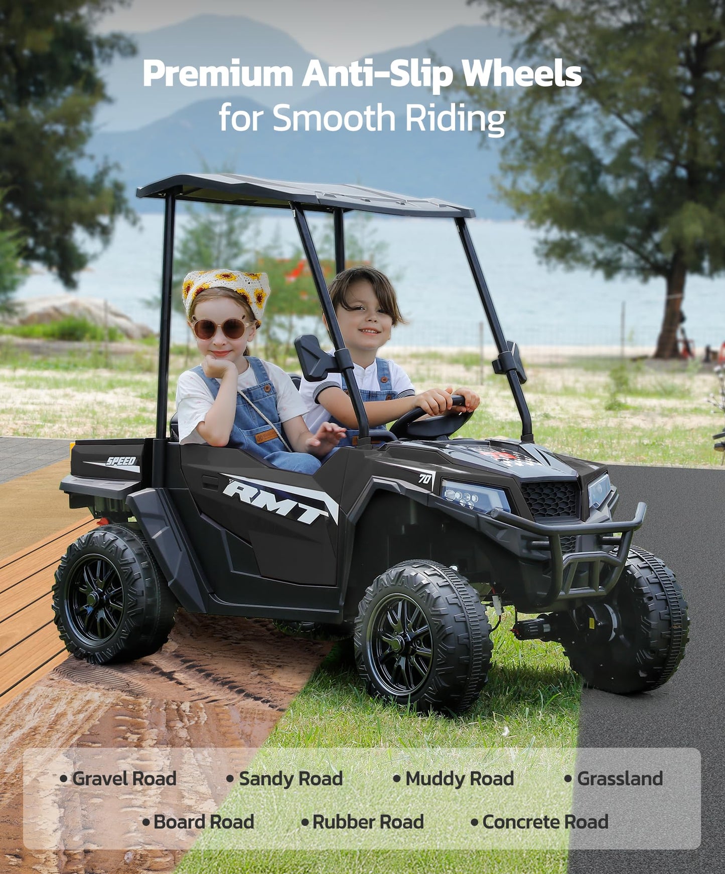 ELEMARA 24V Side by Side Electric Off-Road Truck, 4.5MPH, 2 Seater Ride on Toy for Big Kids w/Sun Shade, Electric Vehicles for Kids, 2 Shock Absorbers, 3 Speeds, LED Lights,Bluetooth Music, Black