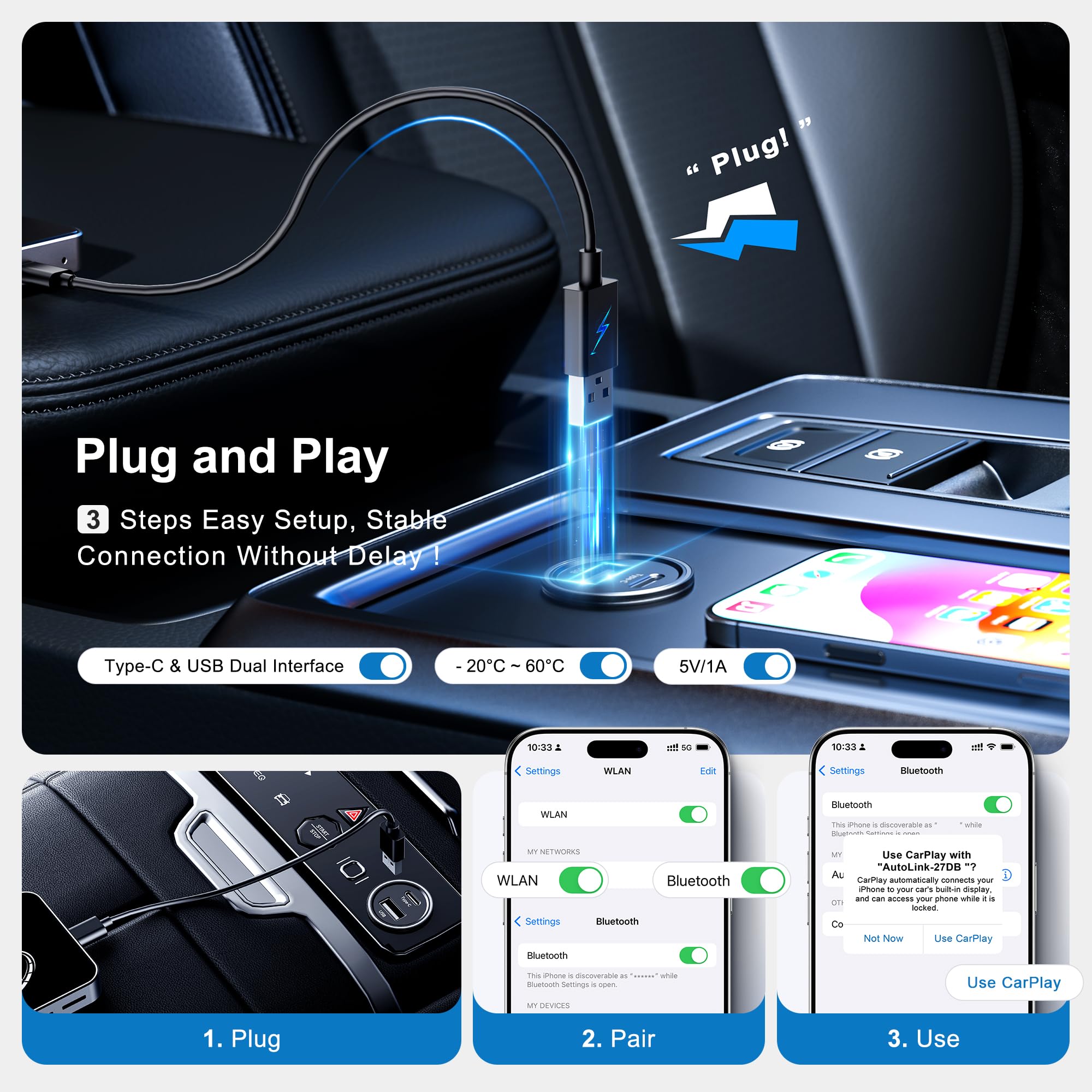AI Box Wireless CarPlay & Auto Adapter - Plug & Play, Dual-Band WiFi, Bluetooth 5.0, 4K Video Support, Android 12.0 System, Compatible with Factory CarPlay & Android Auto （4GB RAM+32GB ROM）
