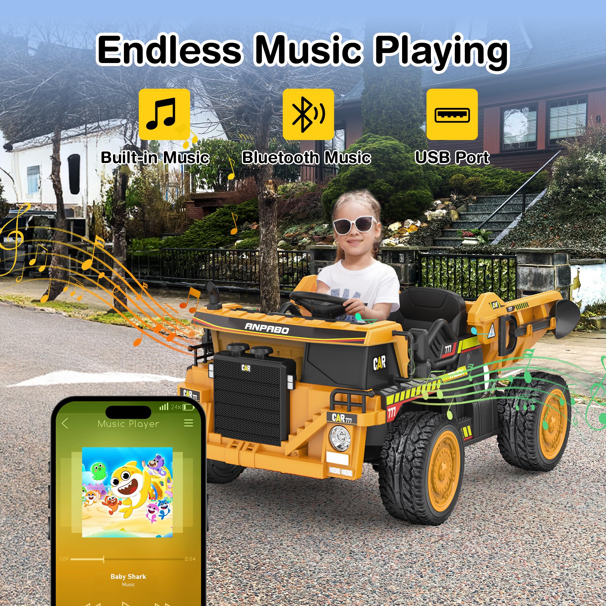 ANPABO 24V Ride On Dump Truck, 2X75W Powerful Motors, Up to 4.4Mph, EVA Tires, Construction Vehicle w/Electric Dump Bed and Extra Shovel, 19" Spacious Seat, Kids Car w/Parent Remote -Yellow