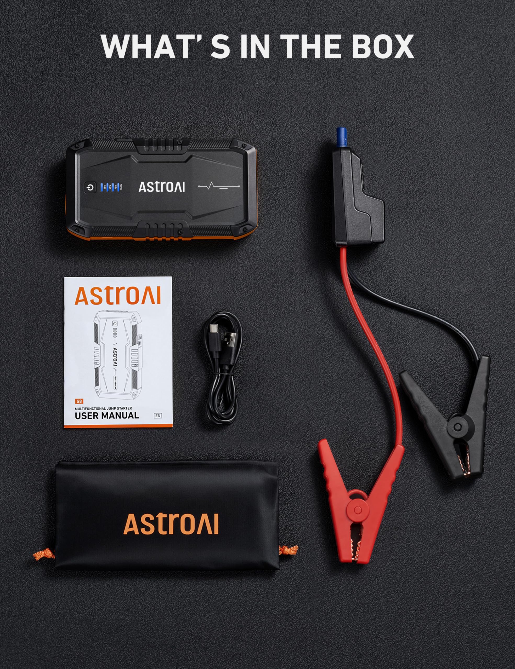 AstroAI S8 Car Battery Jump Starter, Car Jumper Starter Battery Pack for Up to 6.0L Gas & 3.0L Diesel Engines, 12V Portable Jump Box with 3 Modes Flashlight and Jumper Cable (Orange)